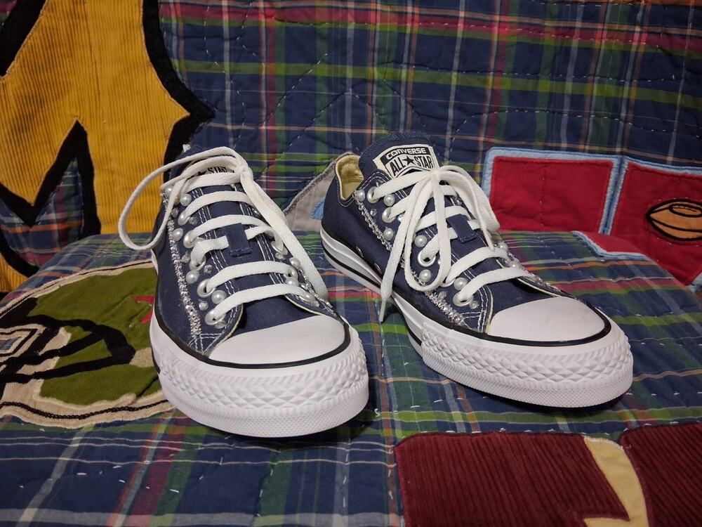 Custom Bling Converse Chuck Taylor All Star Low Top Navy Pearl Rhinestone W8 M6